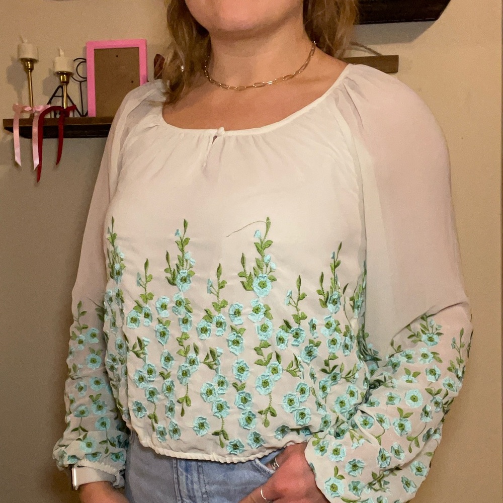 Free People White Blouse with Blue Floral Embroidery